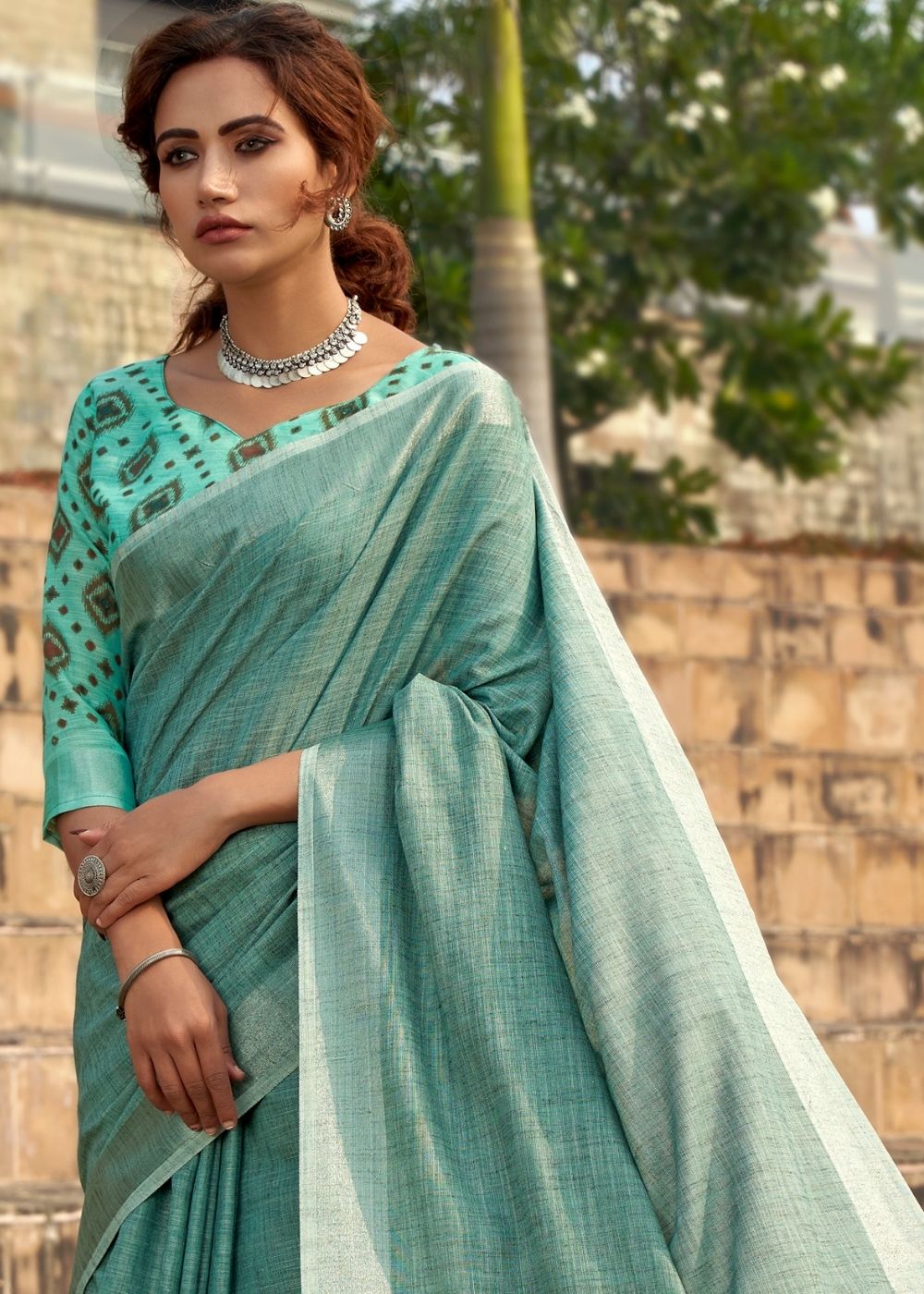 Buy MySilkLove Viridian Green Soft Linen Silk Saree Online