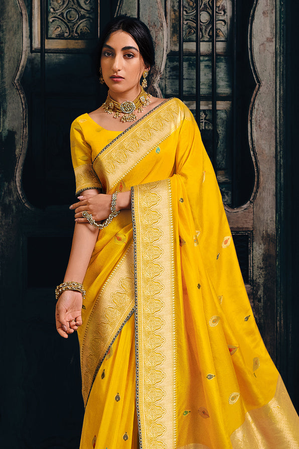 Buy MySilkLove Saffron Yellow Zari Woven Banarasi Saree Online