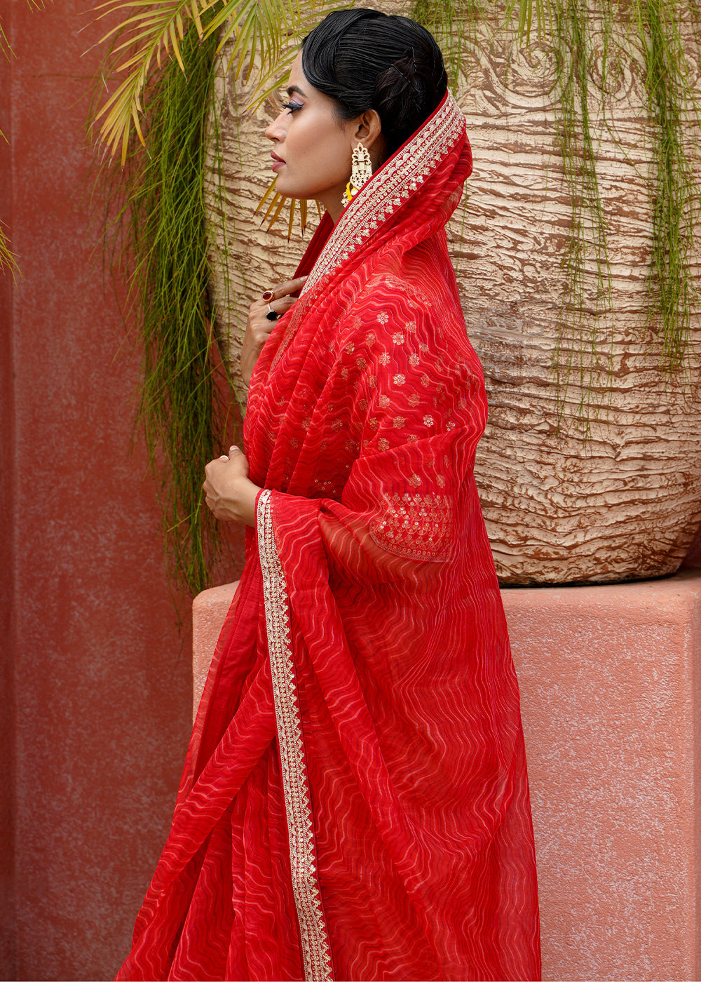 MySilkLove Crimson Red Lehriya Organza Saree With Embroidered Blouse
