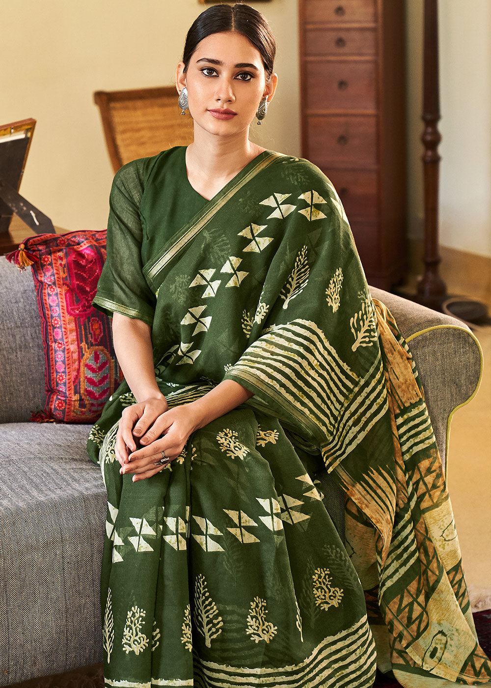 MySilkLove Woodland Green Cotton Linen Batik Printed Saree