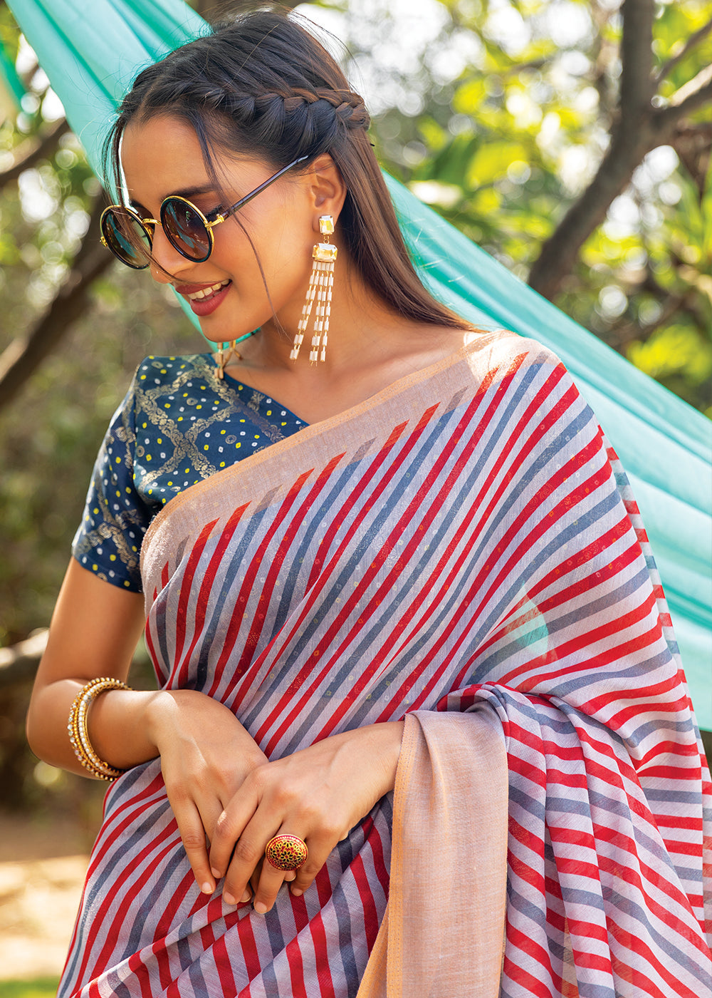 Buy MySilkLove Can Red and Blue Cotton Saree With Leheriya Print Online