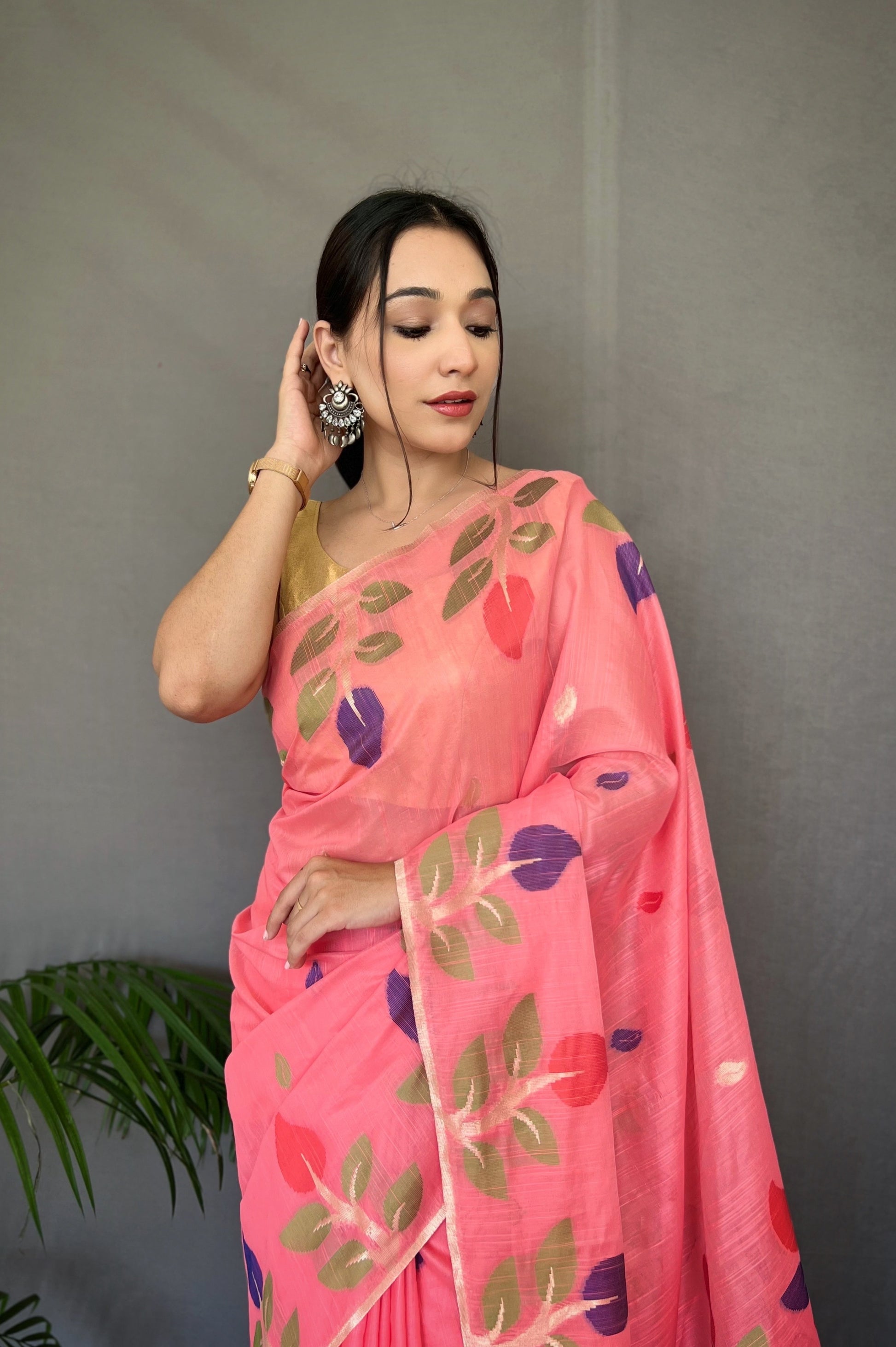 Buy MySilkLove Tickle Me Pink Woven Cotton Jamdani Silk Saree Online