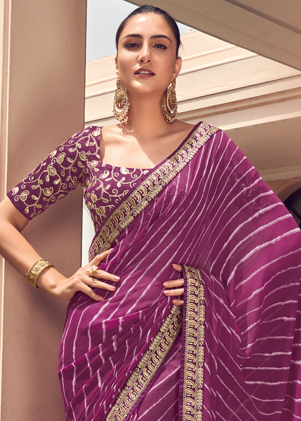 Buy MySilkLove Camelot Purple Lehriya Print Georgette Saree With Embroidered Blouse Online