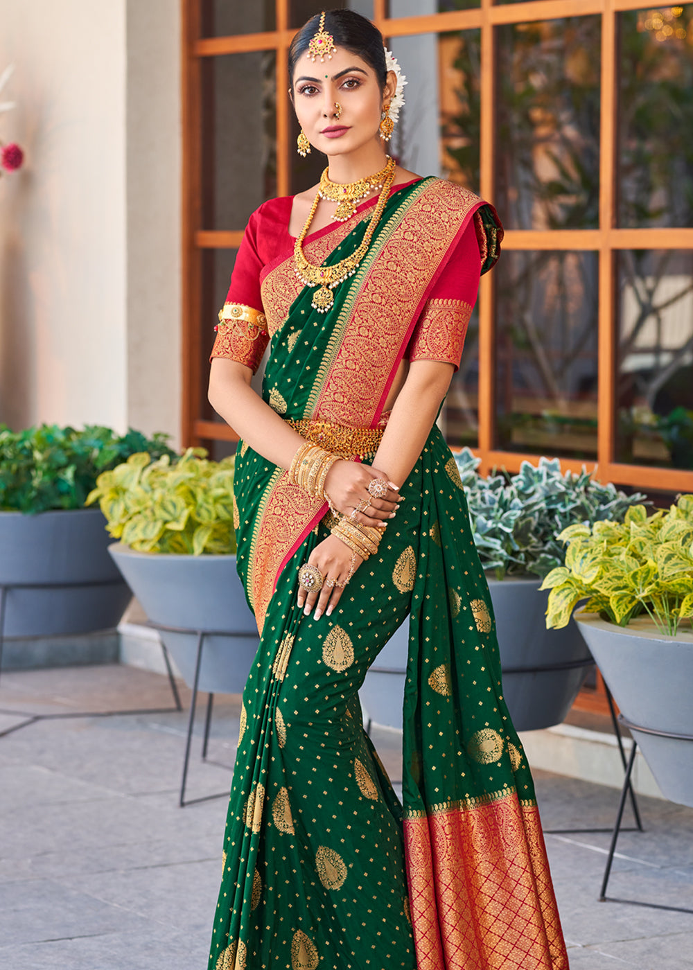 Buy MySilkLove Tiber Green Woven Banarasi Crepe Silk Saree Online