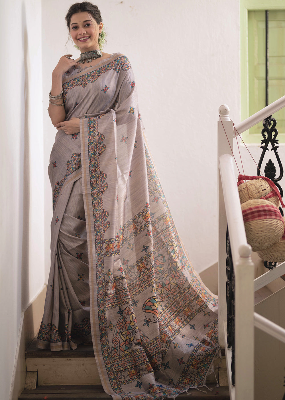 MySilkLove Sisal Grey Kalamkari Printed Silk Saree