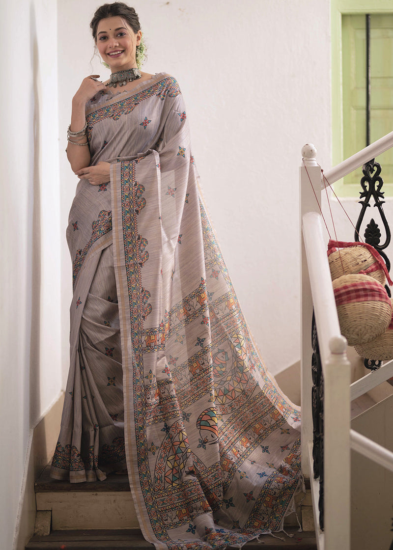 Sisal Grey Kalamkari Printed Silk Saree
