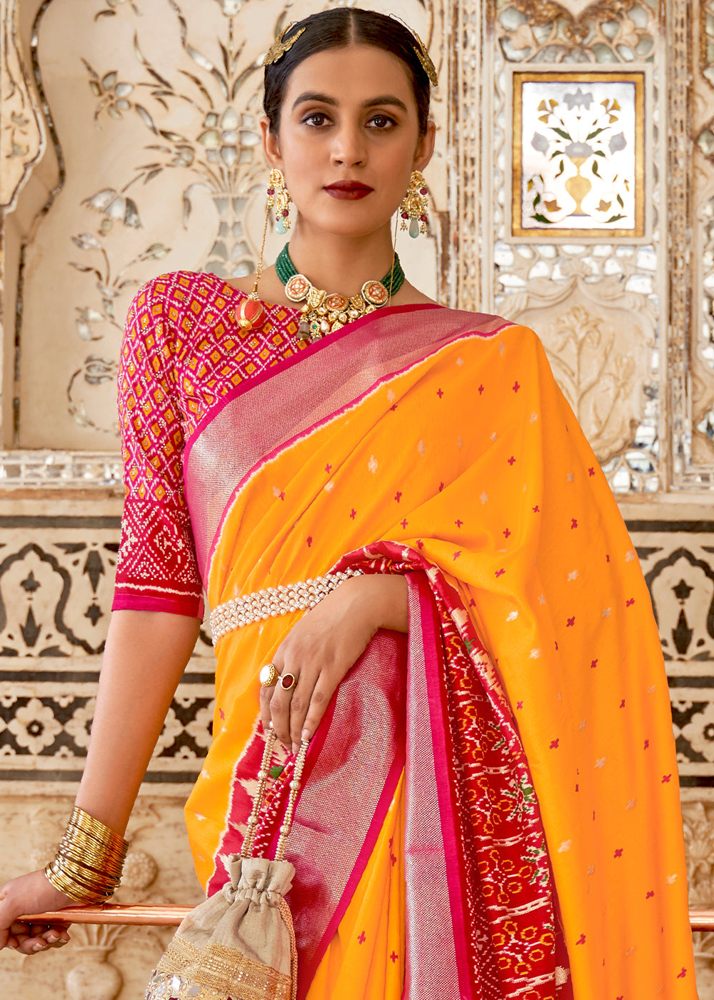 Buy MySilkLove Sun Yellow and Red Cotton Patola Printed Saree Online