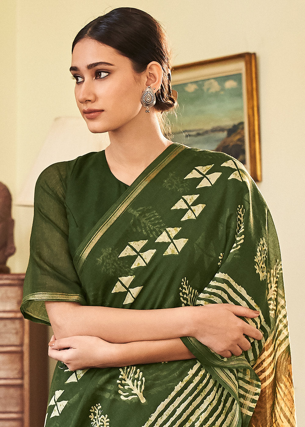 Buy MySilkLove Woodland Green Cotton Linen Batik Printed Saree Online