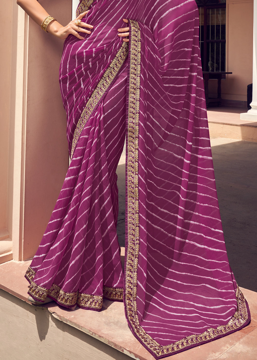 Camelot Purple Lehriya Print Georgette Saree With Embroidered Blouse