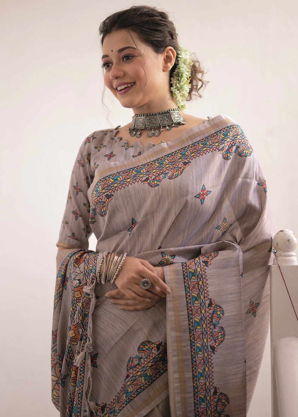 Buy MySilkLove Sisal Grey Kalamkari Printed Silk Saree Online