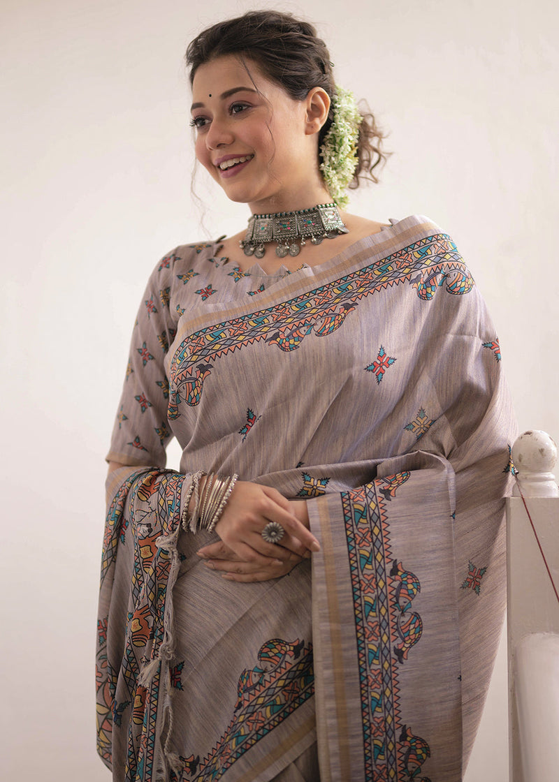 Sisal Grey Kalamkari Printed Silk Saree