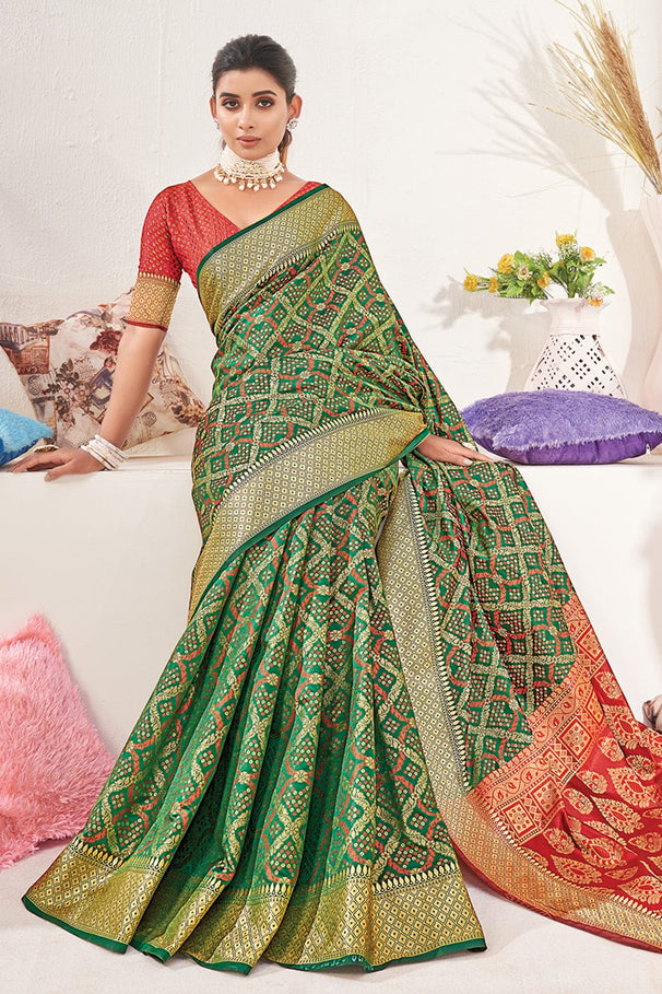 Buy MySilkLove Amulet Green and Red Zari Woven Patola Saree Online