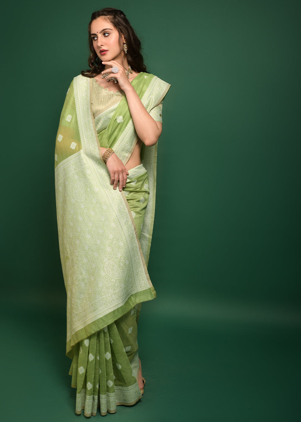 Buy MySilkLove Wild Green Chikankari Chanderi Cotton Woven Saree Online