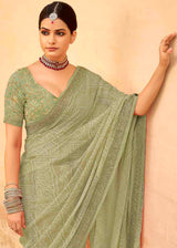 Gimblet Green Georgette Leheriya Printed Saree with Embroidered Blouse