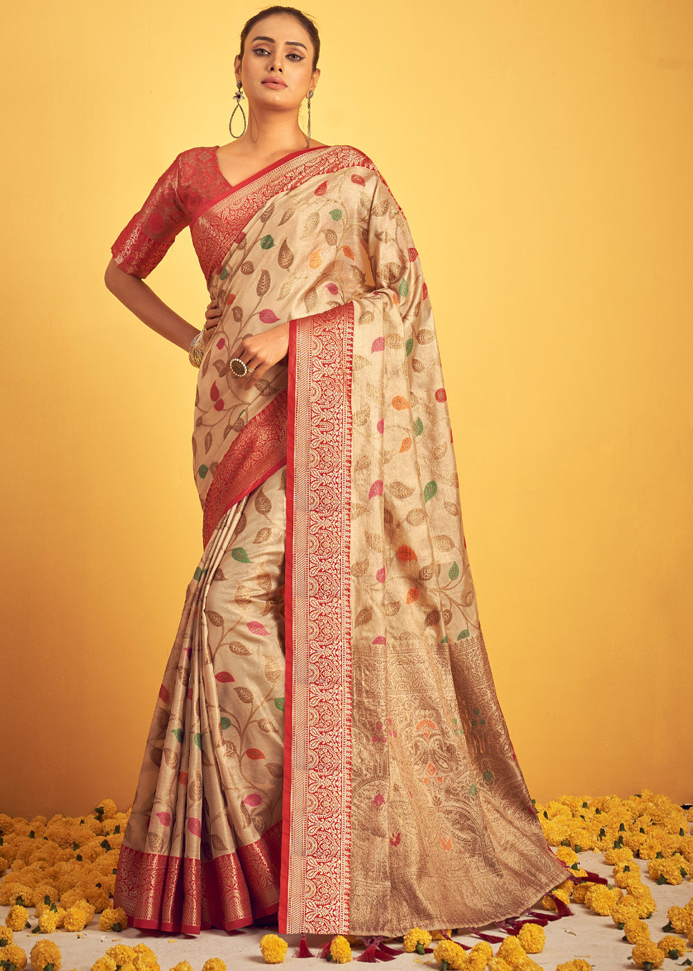 Buy MySilkLove Sandwisp Cream Woven Banarasi Brocade Silk Saree Online