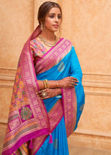 Picton Blue and Pink Zari Woven Banarasi Silk Saree