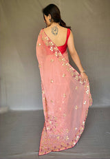 Froly Peach Embroidered Organza Silk Saree