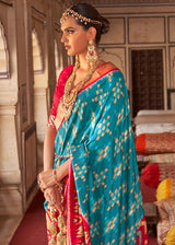 Blue Chill and Pink Printed Patola Silk Saree