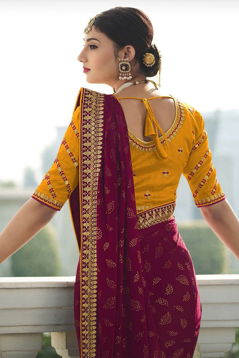 Shop the Hottest Maroon Saree with Golden Border Online Now