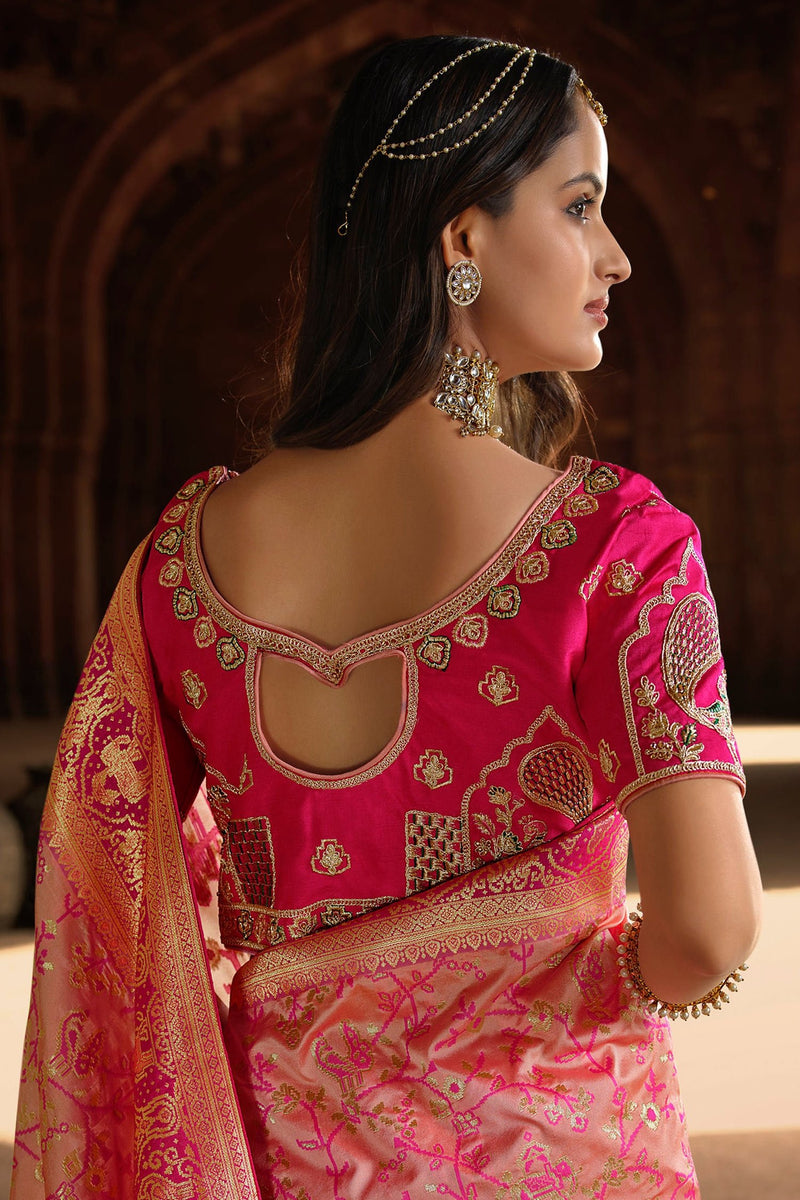 Deep Blush Pink Designer Banarasi Woven Silk Saree