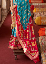 Blue Chill and Pink Printed Patola Silk Saree