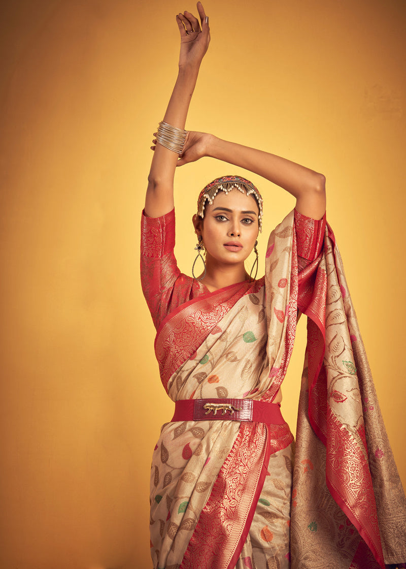 Sandwisp Cream Woven Banarasi Brocade Silk Saree