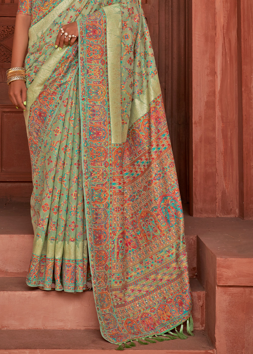 Buy MySilkLove Green Smoke Banarasi Jamawar Silk Saree Online