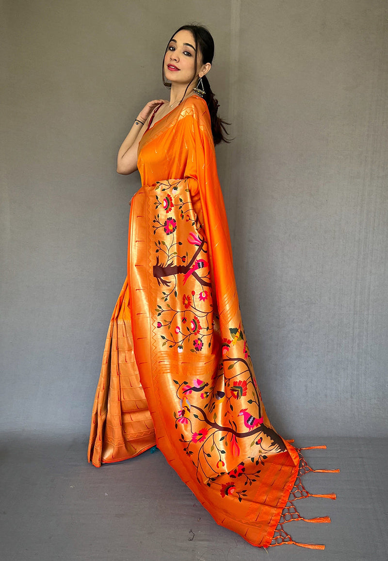 Maheshwari Rust Orange Pure Silk Saree With Buta Buti Weaving