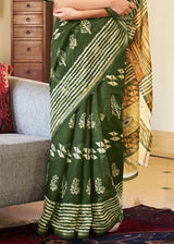 Woodland Green Cotton Linen Batik Printed Saree