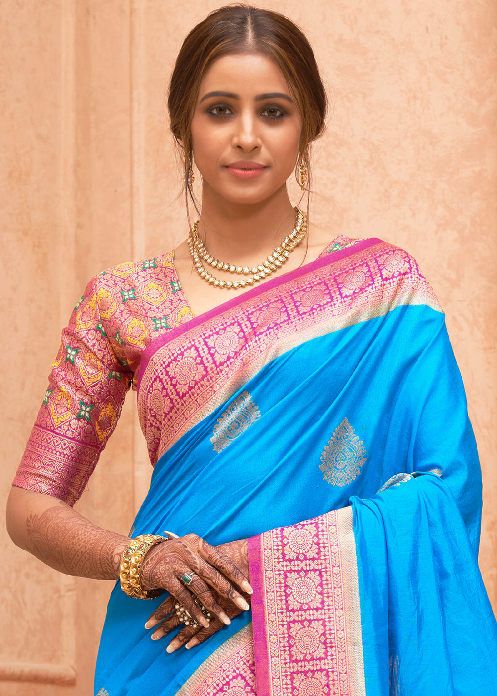 Buy MySilkLove Eastern Blue and Pink Zari Woven Banarasi Silk Saree Online