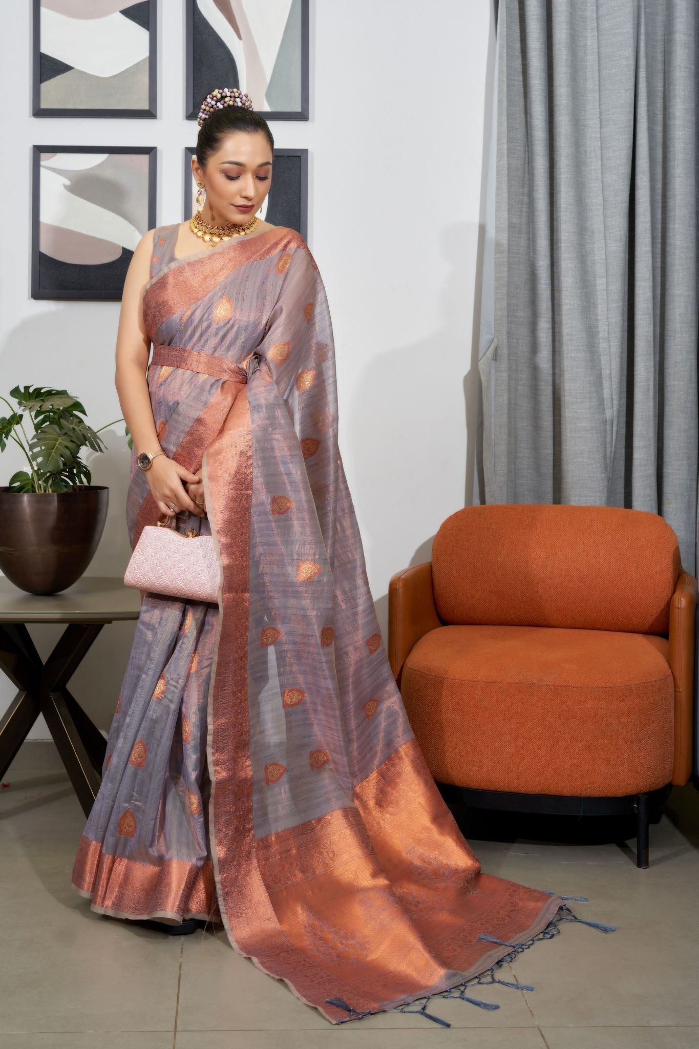 Buy MySilkLove Dusty Gray Grey Woven Organza Tissue Silk Saree Online