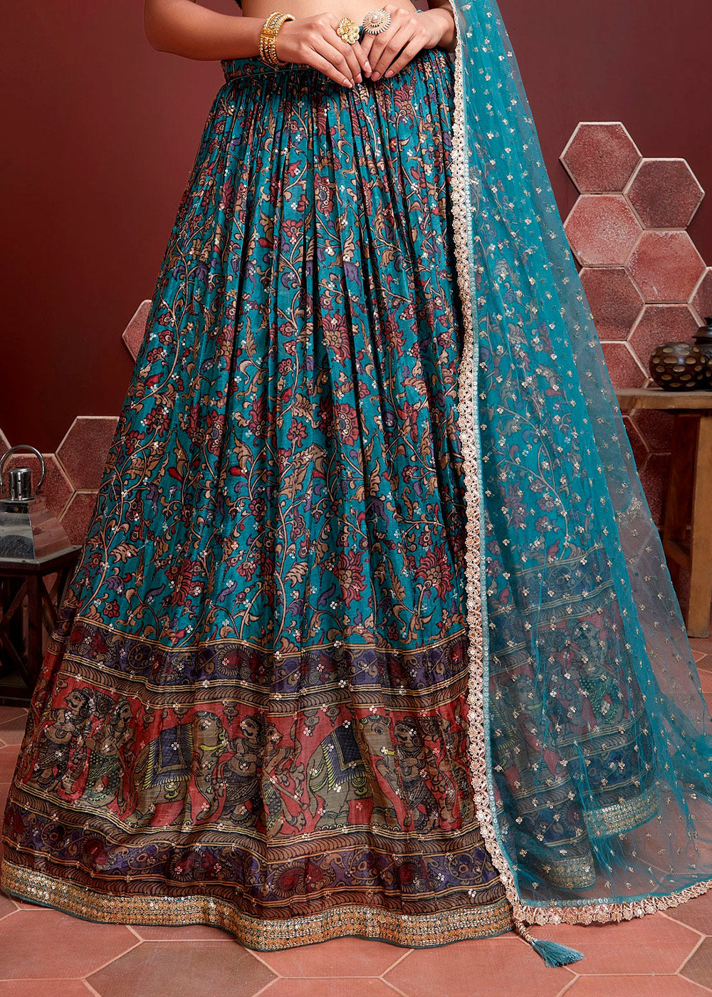 Buy MySilkLove Calypso Blue Printed Chinon Silk Lehenga Choli Online