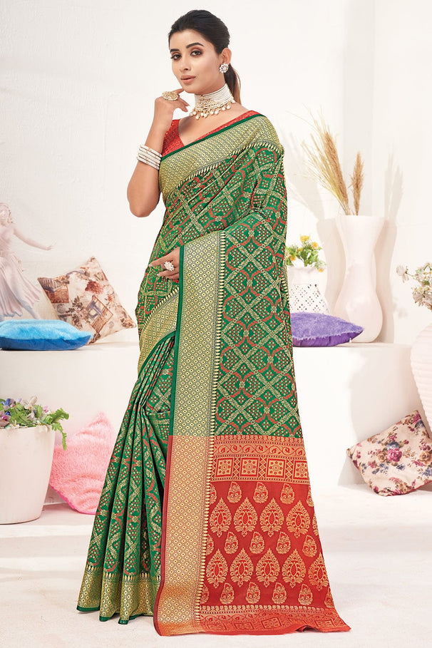 Buy MySilkLove Amulet Green and Red Zari Woven Patola Saree Online