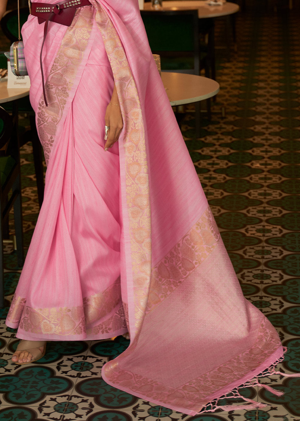 Buy MySilkLove Pastel Pink Zari Woven Tussar Silk Saree Online