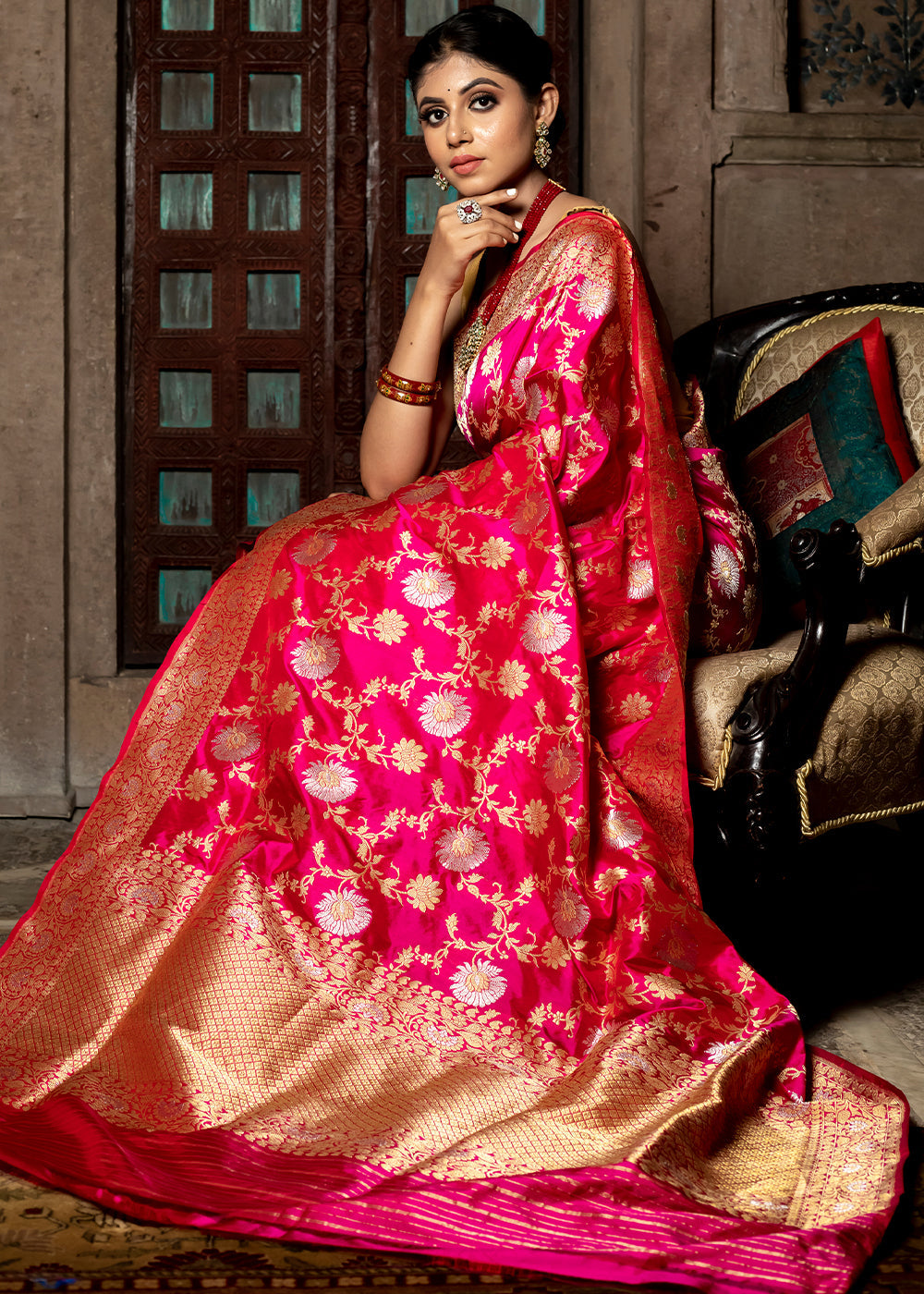 Buy MySilkLove Watermelon Pink Hand Woven Katan Pure Silk Saree Online