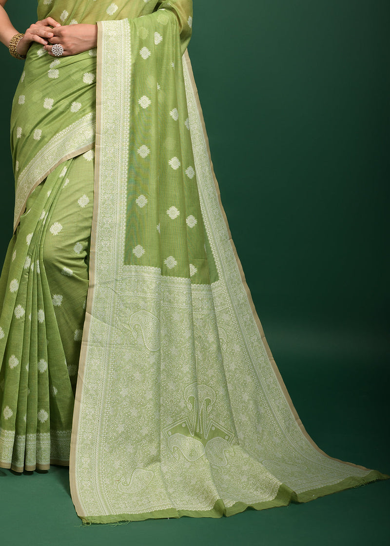 Wild Green Chikankari Chanderi Cotton Woven Saree