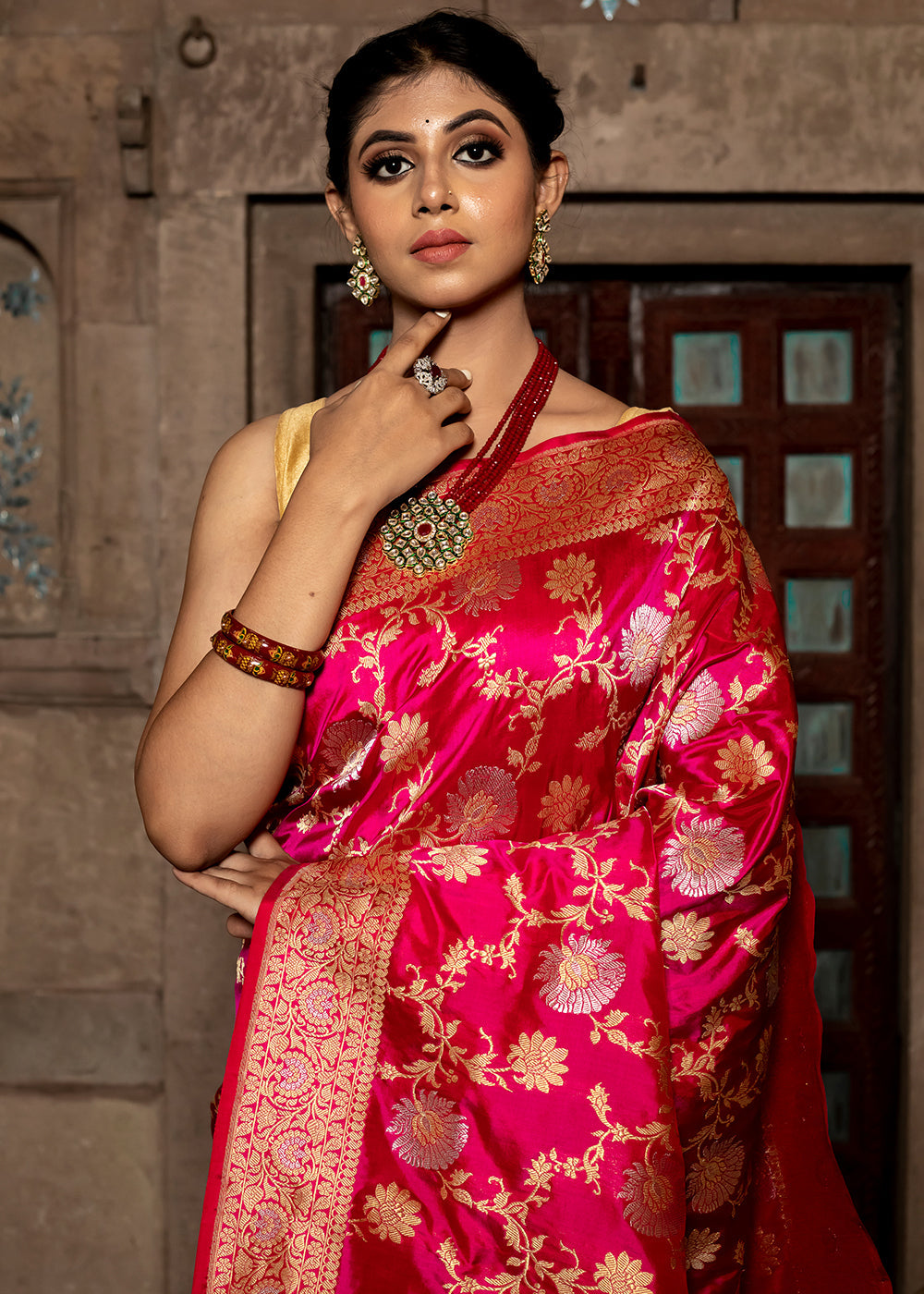 Buy MySilkLove Watermelon Pink Hand Woven Katan Pure Silk Saree Online