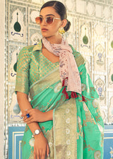 Ocean Green Zari Woven Linen Silk Saree