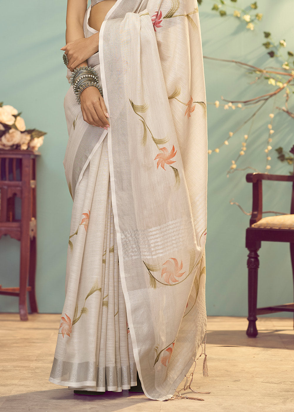 Buy MySilkLove Rodeo Dust Brown Soft Linen Silk Floral Printed Saree Online