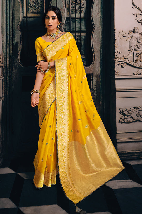 Buy MySilkLove Saffron Yellow Zari Woven Banarasi Saree Online