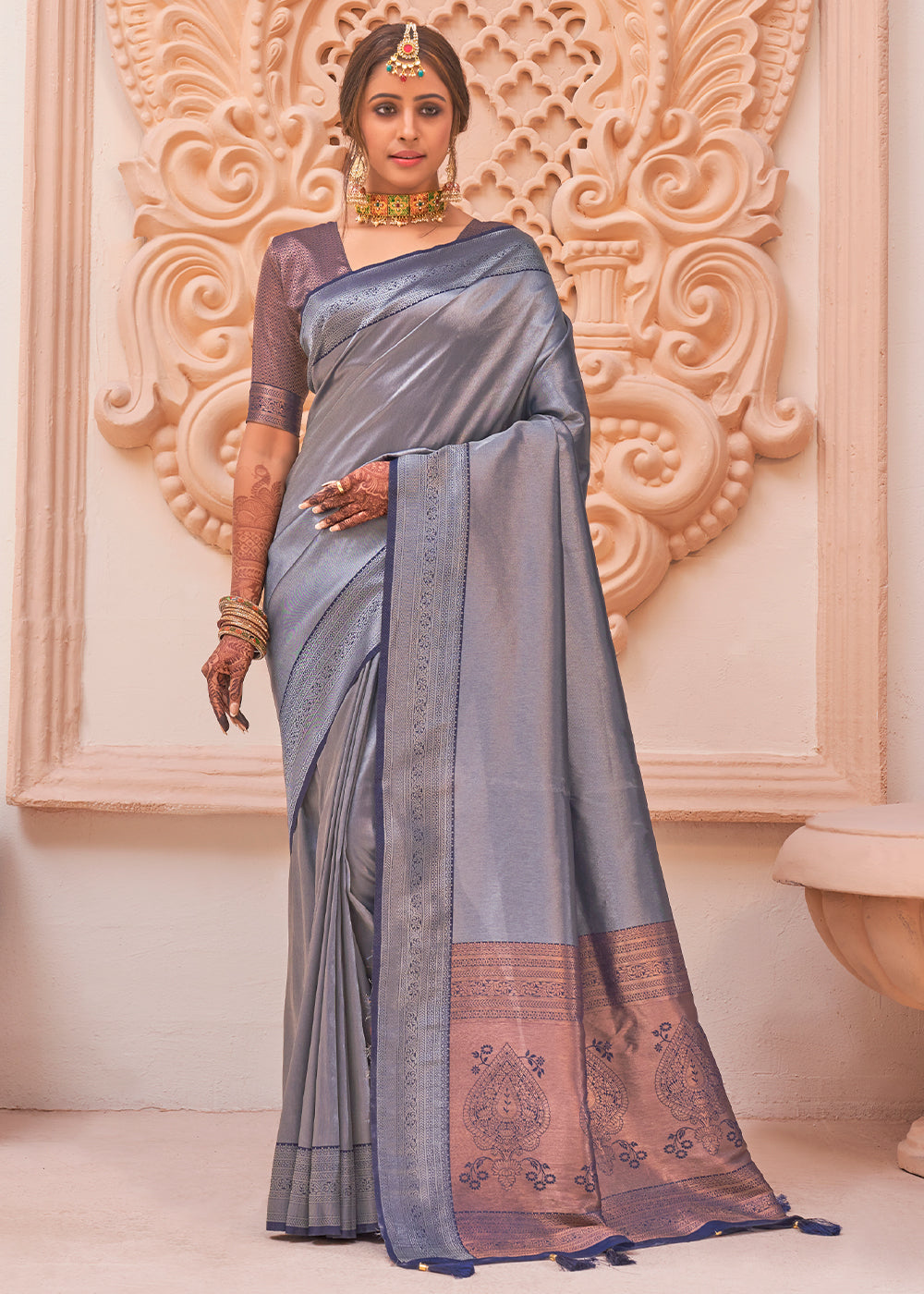 Buy MySilkLove Delta Grey Zari Woven Designer Saree Online