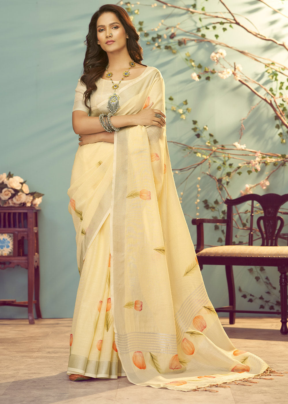 Buy MySilkLove Primrose Yellow Soft Linen Silk Floral Printed Saree Online