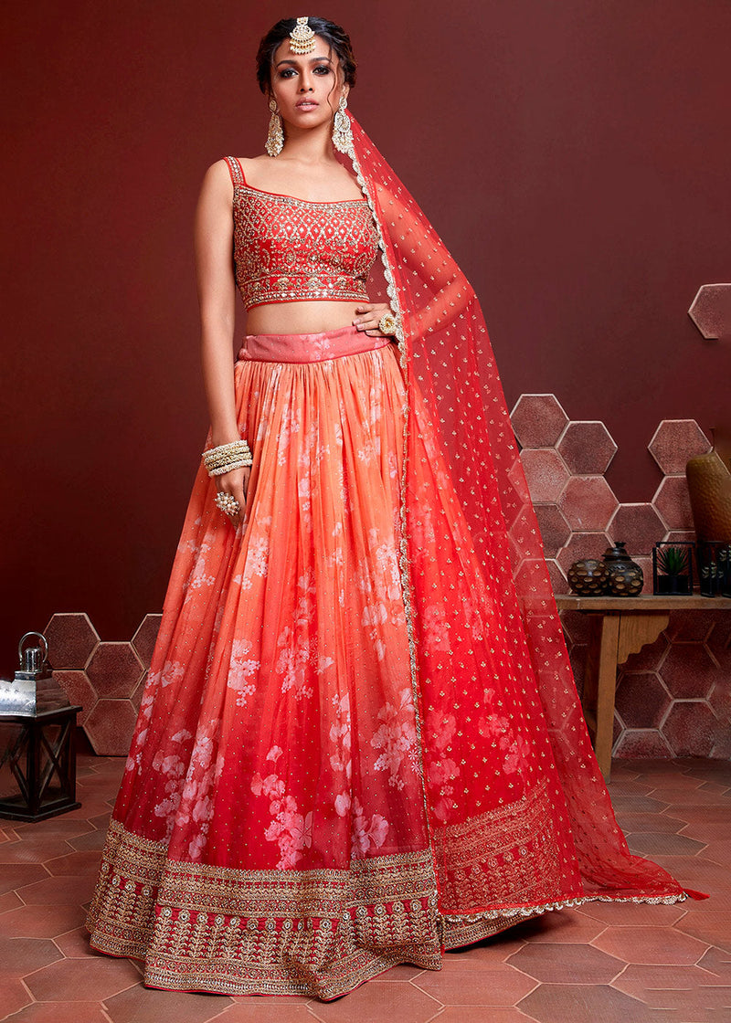 Emerald Green Embroidered And And Foil Printed Lehenga Set With Contrasting  Red Embroidered Stole