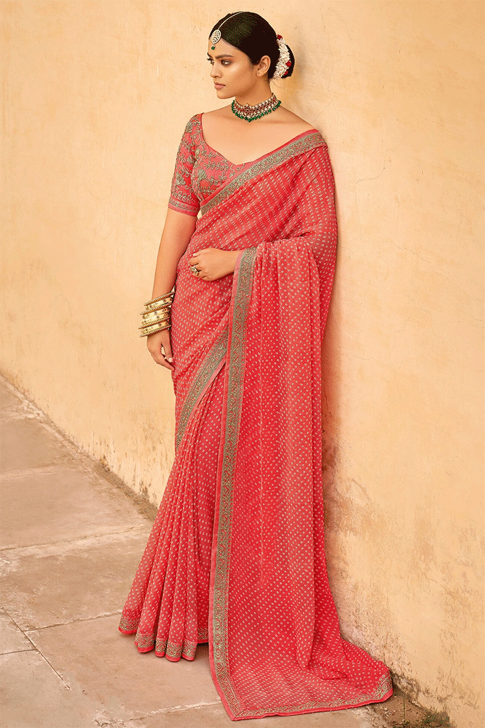 Jelly Bean Pink Georgette Leheriya Printed Saree with Embroidered Blouse
