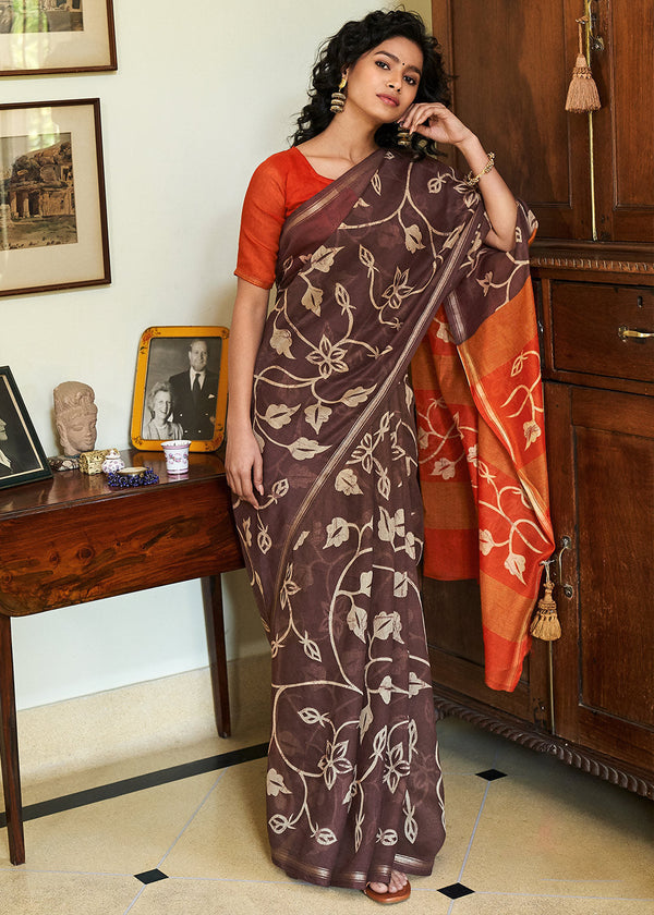 Crater Brown and Orange Cotton Linen Batik Printed Saree