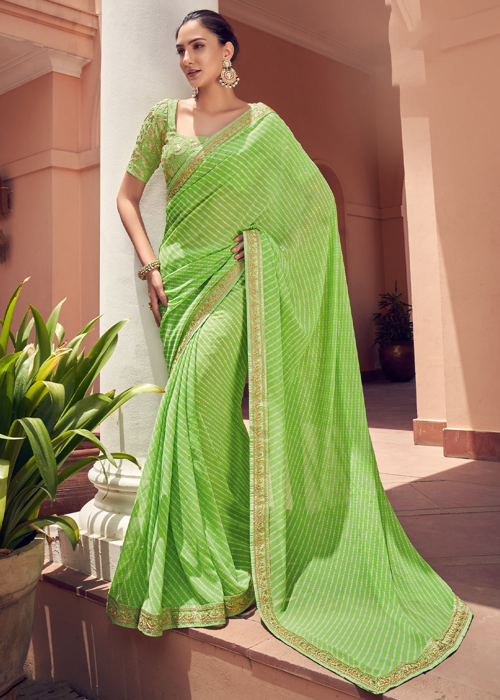 Buy MySilkLove Celery Green Lehriya Print Georgette Saree With Embroidered Blouse Online