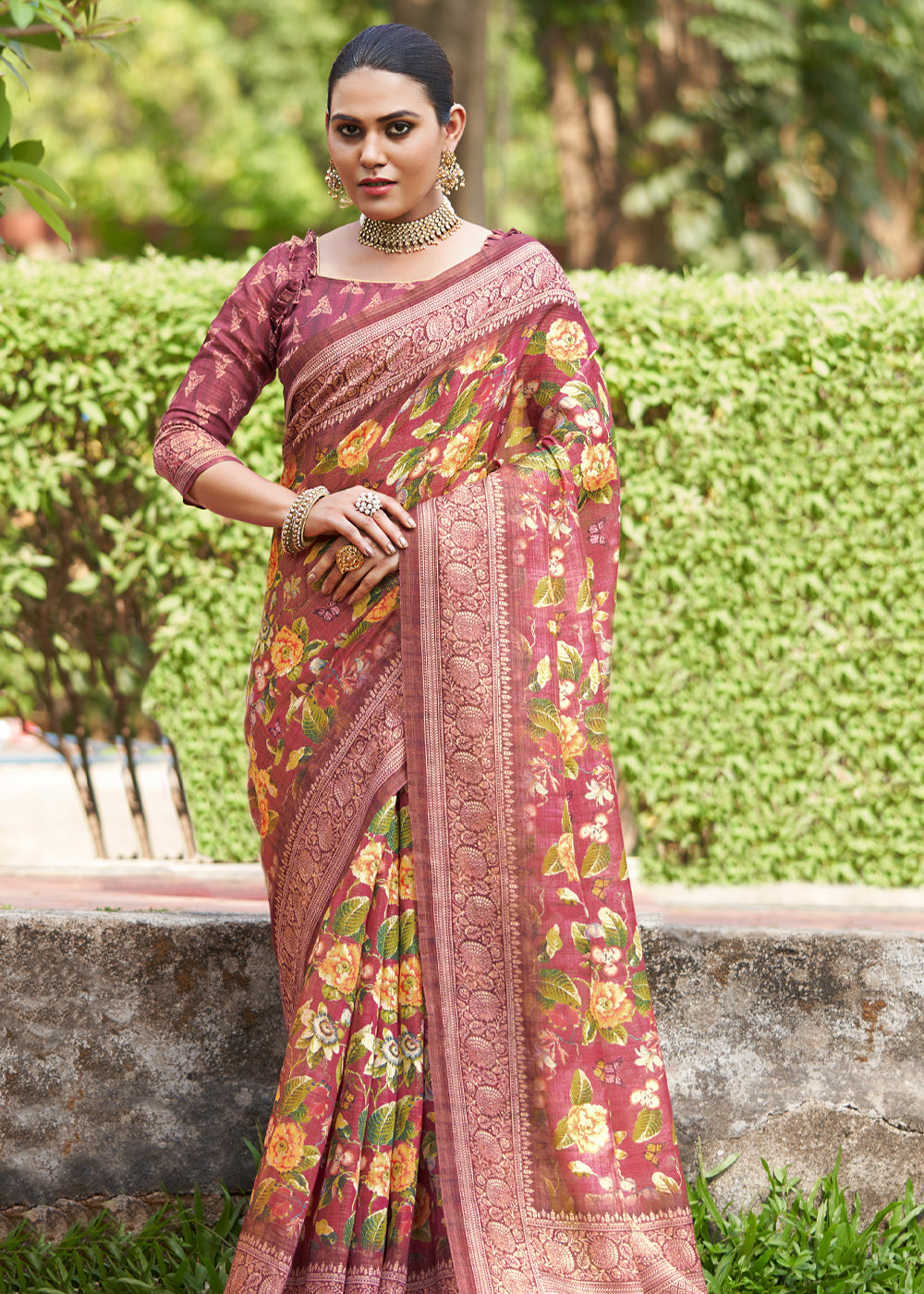 Contessa Maroon Linen Kalamkari Digital Print Saree – MySilkLove