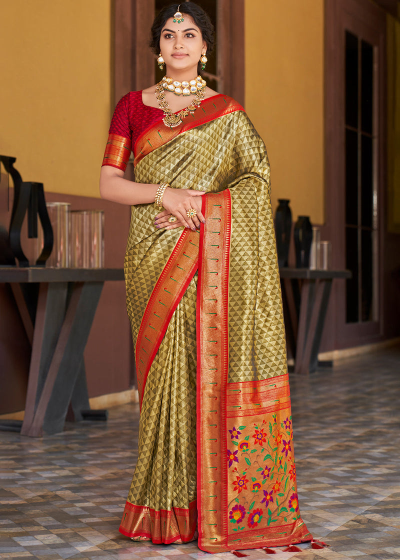 Wild Willow Green Woven Paithani Silk Saree