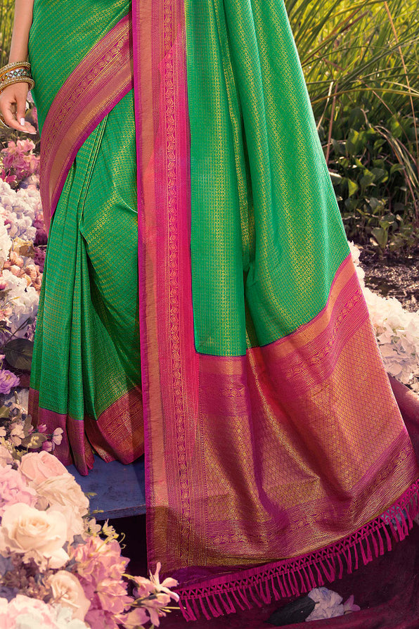 Buy MySilkLove Goblin Green and Pink Woven Kanjivaram Saree Online