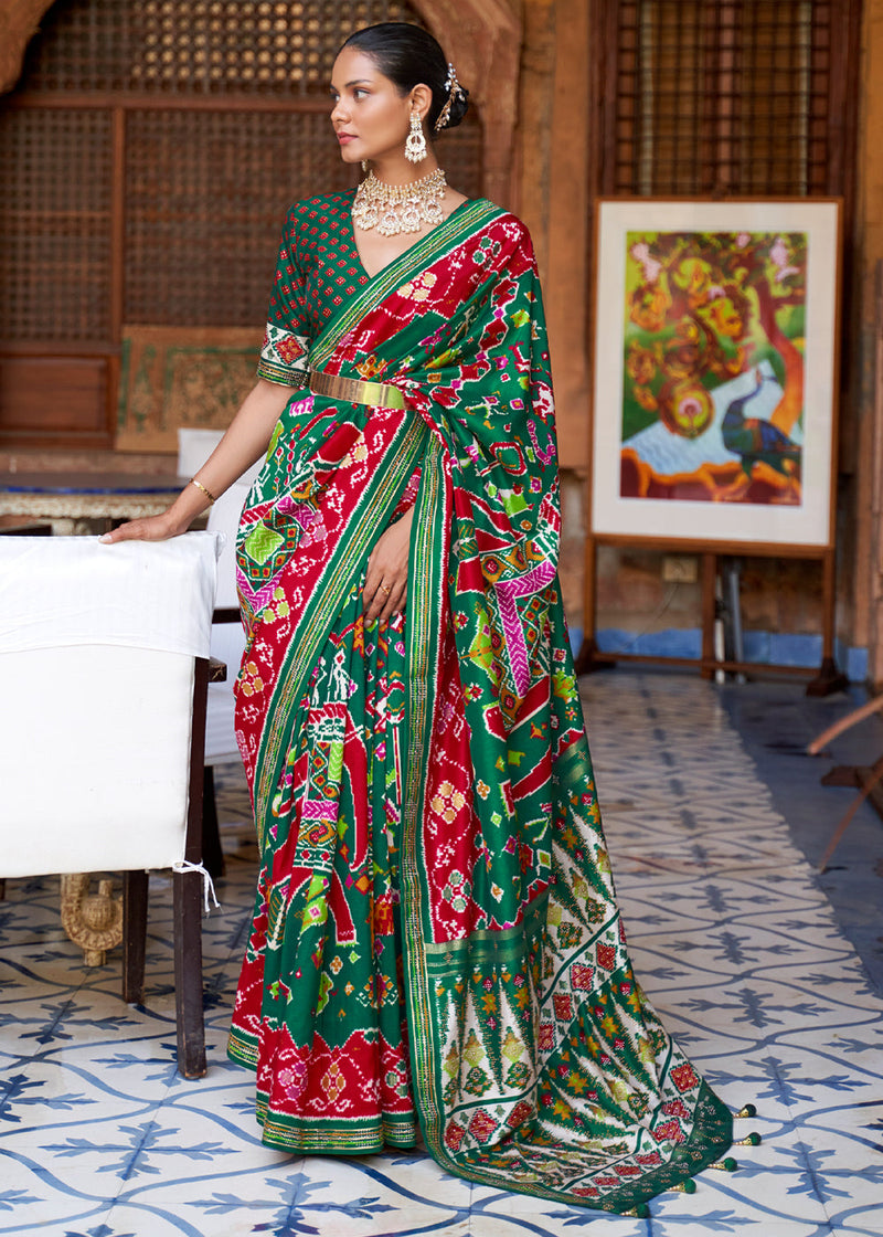 Plantation Green and Red Woven Patola Silk Saree